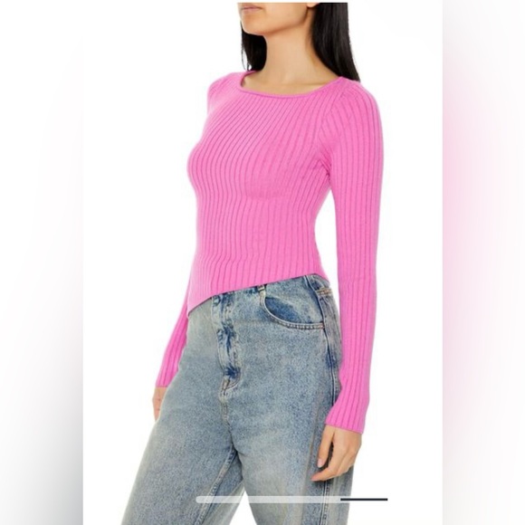 Forever 21 Sweaters - FOREVER21 NWT Bright Pink Square Neck Asymmetrical Ribbed Knit Sweater Shirt M
